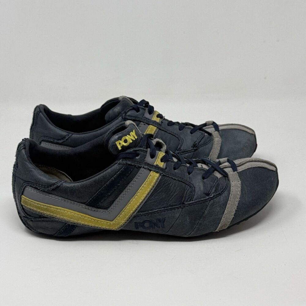 Pony Max Sneakers Shoes Mens 8 Blue Yellow Leather Suede Racing Preppy Vintage